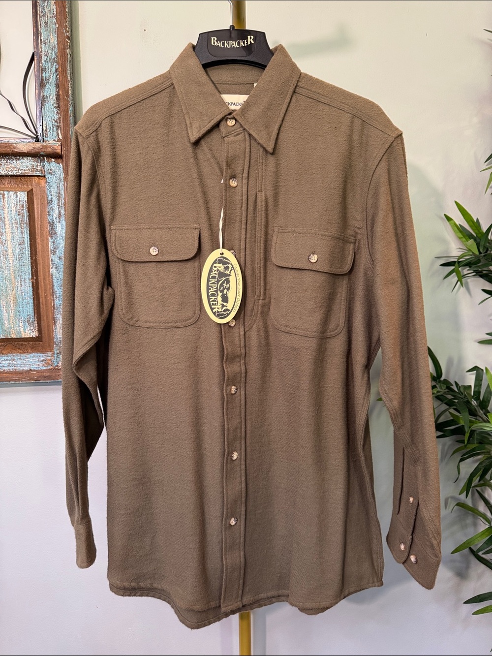 Backpacker cotton olive green flannel Men's Casual Button-Down Shirt NWT L